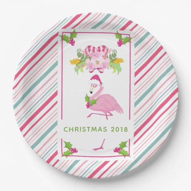Plato De Papel Navidades tropicales rosados de Flamingo (Anverso)