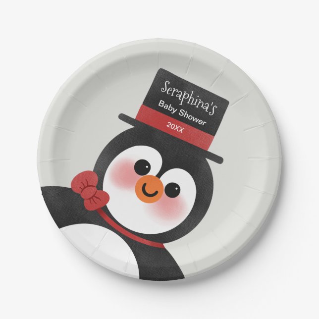 Plato De Papel Navidades Tuxedo Penguin Personalizado Baby Shower (Anverso)