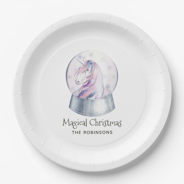 Plato De Papel Navidades Unicornio Purpurina de acuarela (Anverso)