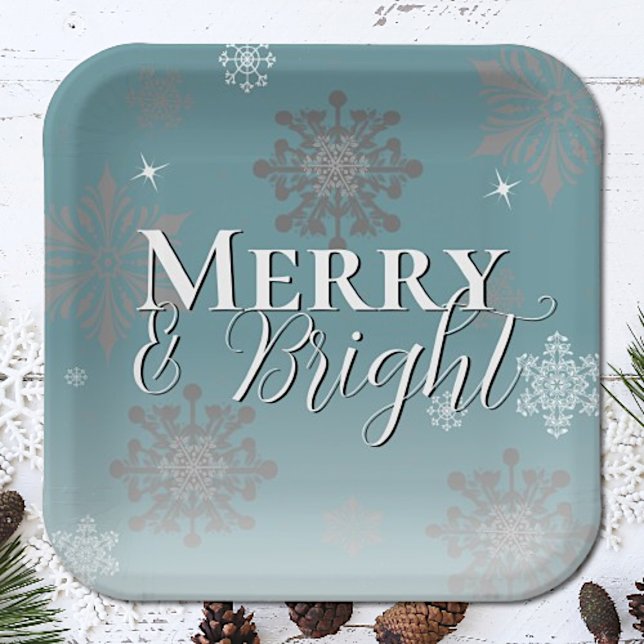Plato De Papel Navidades verde azulados de los cerezos y los flam (Teal Merry and Bright Snowflakes Christmas Paper Plates)