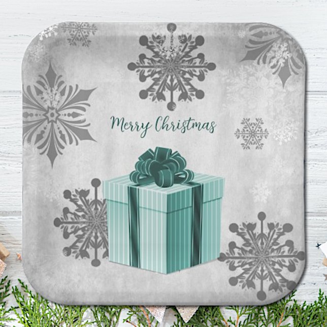 Plato De Papel Navidades verde azulados entregan placa de papel (Teal Christmas Gift Paper Plates)