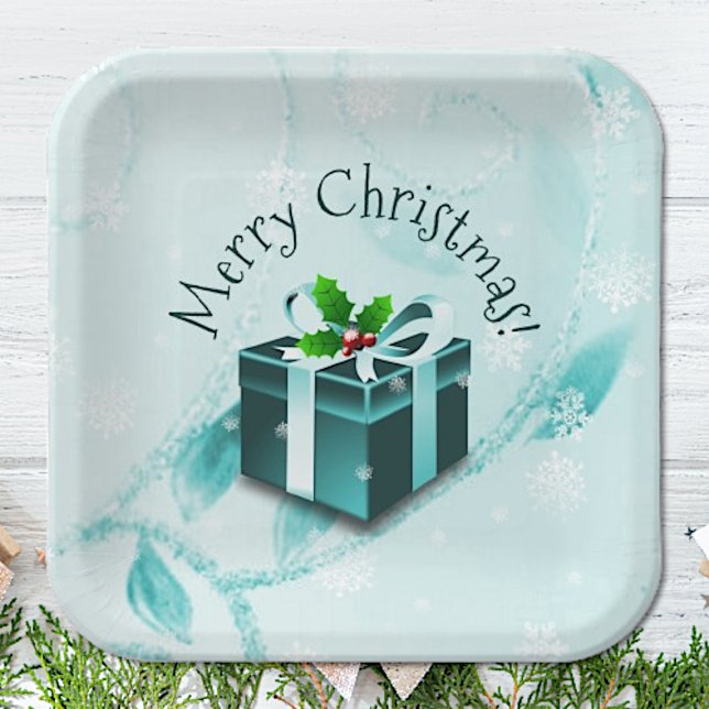 Plato De Papel Navidades verde azulados entregan placa de papel (Teal Christmas Gift Paper Plates)