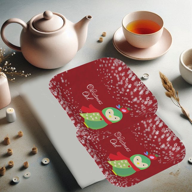 Plato De Papel Navidades verdes de niño búho Fiesta rojo diversió (Kid's Green Christmas Owl Red Party Decorative Fun Paper Plates)