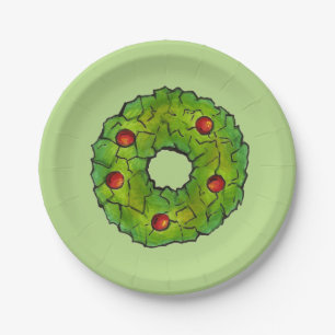 Plato De Papel Navidades verdes rojos Holly Wreath Holiday Party
