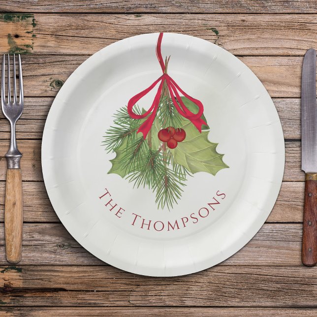 Plato De Papel Navidades Watercolor Greenery Holiday Holly Berry (Christmas watercolor greenery holly berries custom paper plate. )