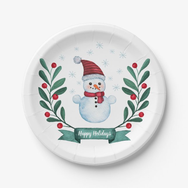 Plato De Papel Navidades Watercolor Snowman Personalizado (Anverso)