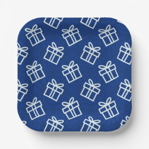 Plato De Papel Navidades White Presents con fondo azul P