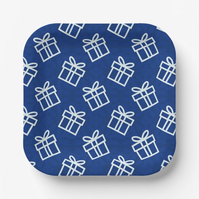 Plato De Papel Navidades White Presents con fondo azul P (Anverso)