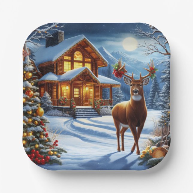 Plato De Papel Navidades/Winter Deer Lodge (Anverso)