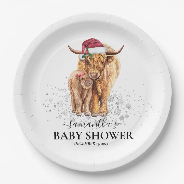 Plato De Papel Navidades Winter Highland Cow Calf Baby Shower (Anverso)