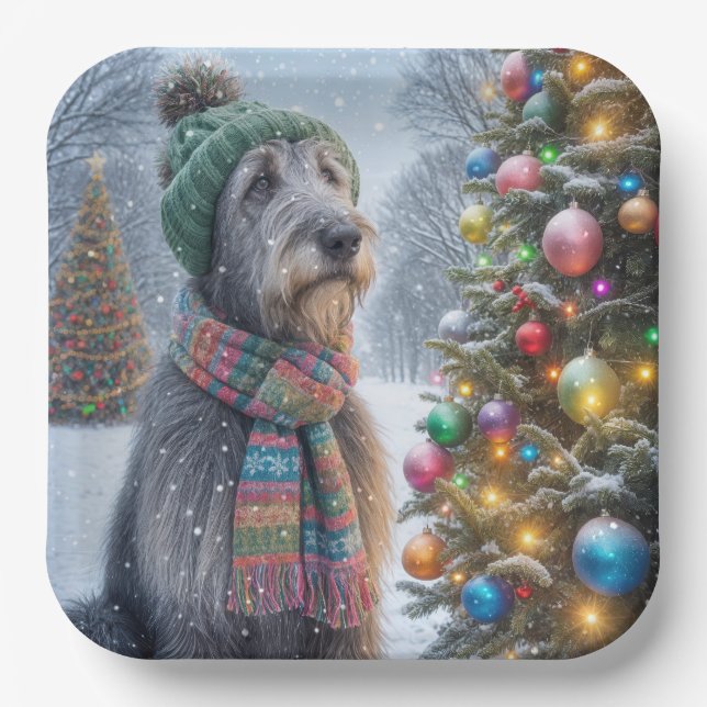 Plato De Papel Navidades Wolfhound Irlandés Con Árbol (Anverso)