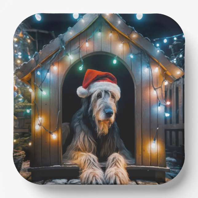 Plato De Papel Navidades Wolfhound irlandés en un Doghouse (Anverso)