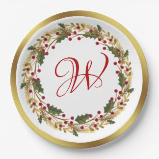 Plato De Papel Navidades Wreath Green Holly deja a Red Berry