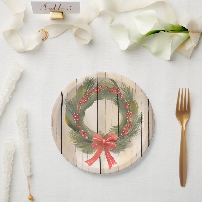 Plato De Papel Navidades Wreath Red Bow | Acuarela De Pino De bon (Boda)