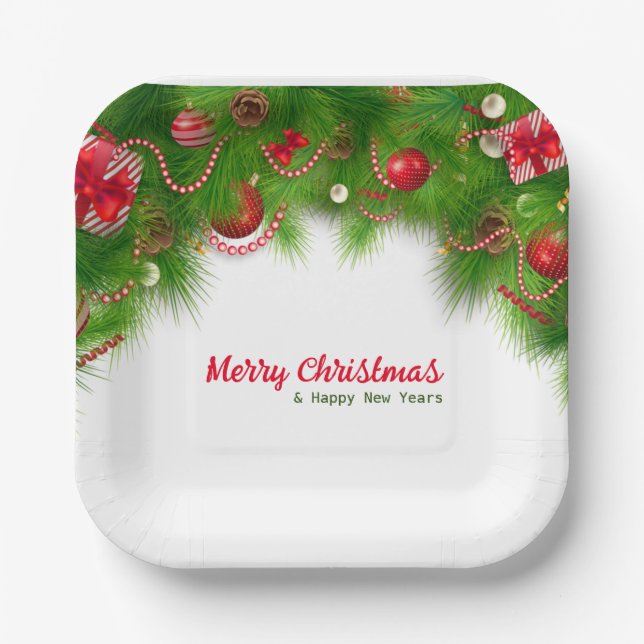 Plato De Papel Navidades Wreath y Bombillas rojas, y presentes (Anverso)