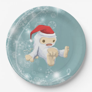 Plato De Papel Navidades Yeti Doll usando un Sombrero Santa