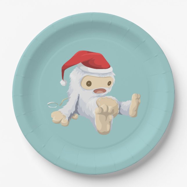 Plato De Papel Navidades Yeti Doll usando un Sombrero Santa (Anverso)