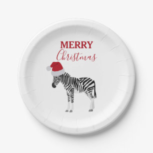 Plato De Papel Navidades Zebra graciosa animal con Santa Hat