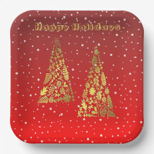Plato de Papel Navideño Árboles Dorados Brillantes