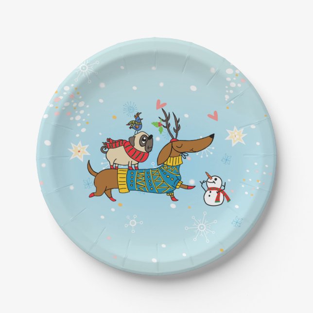 Plato de papel navideño de Dachshund, Pug y pájaro (Anverso)