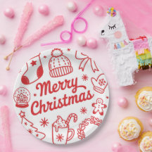 Plato de papel navideño rojo y blanco para fiestas