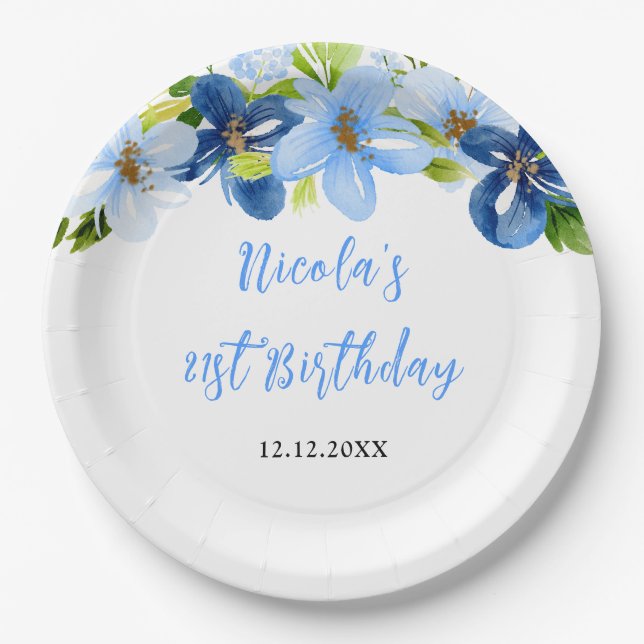 Plato De Papel Navy and Baby Blue Floral Birthday (Anverso)