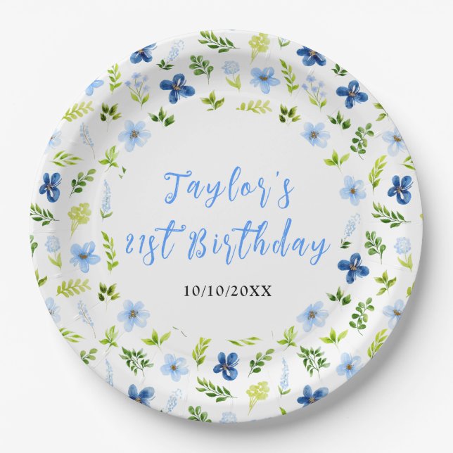 Plato De Papel Navy and Baby Blue Floral Birthday (Anverso)