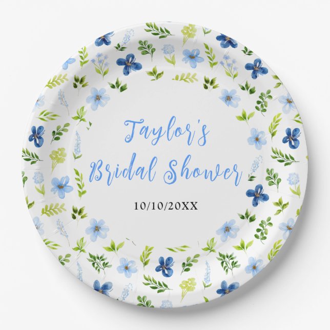 Plato De Papel Navy and Baby Blue Floral Bridal Shower (Anverso)