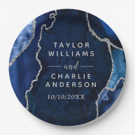 Plato De Papel Navy and Silver Agate Marble Wedding