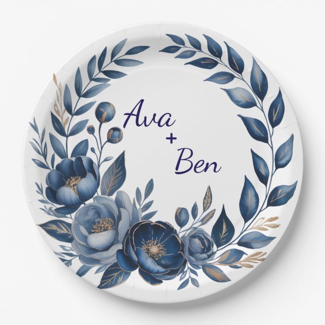 Plato De Papel Navy Blue and Gold Peony Flower Wedding (Anverso)