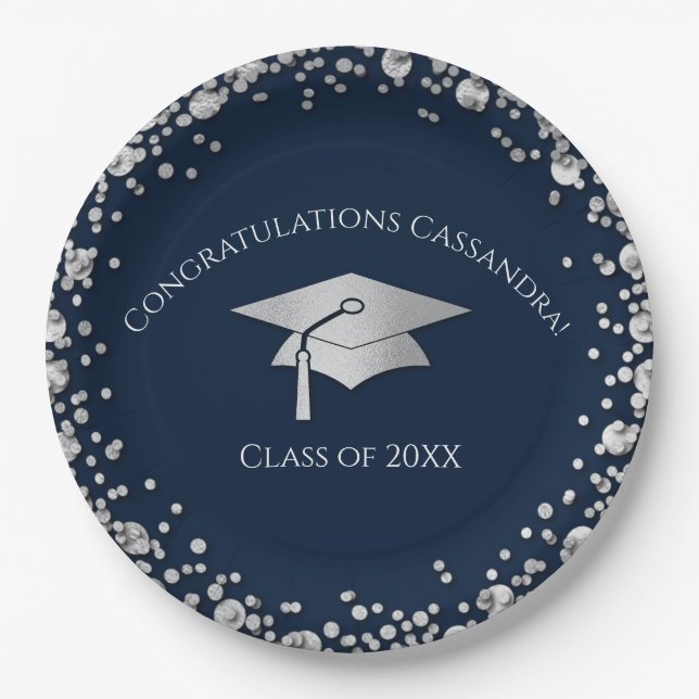 Plato De Papel Navy Blue and Silver Graduation (Anverso)