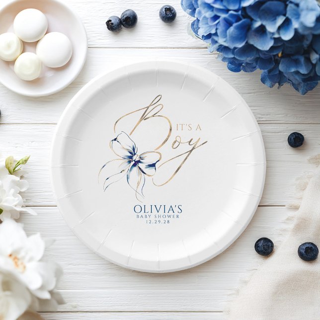 Plato De Papel Navy Blue Bow It's a Boy Baby Shower (Navy Blue and Gold Baby Shower Paper Plates)