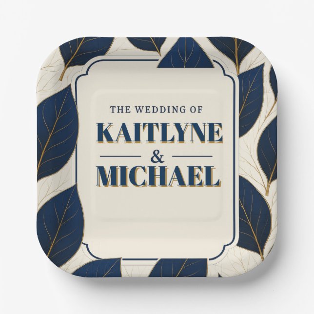 Plato De Papel Navy blue elegant modern gold leaf luxury wedding (Anverso)