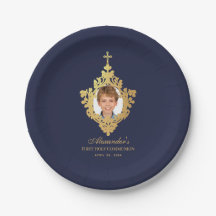 Navy Blue First Holy Communia Boy Foto Faux Gold