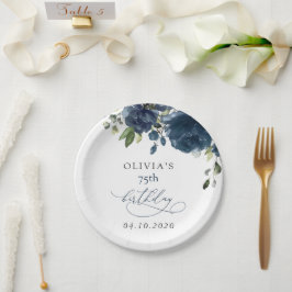 Plato De Papel Navy Blue Flowers, Greenery, Boho, Birthday
