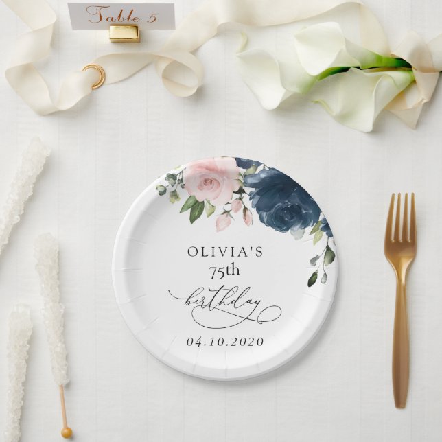 Plato De Papel Navy Blue Flowers, Pink Flowers, Boho, Birthday (Boda)