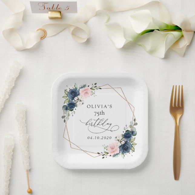 Plato De Papel Navy Blue Flowers, Pink Flowers, Boho, Birthday (Boda)