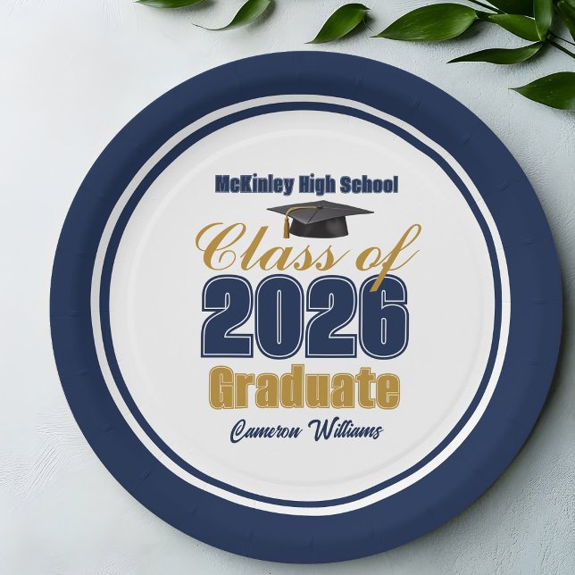 Plato De Papel Navy Blue Gold Class of 2026 Graduation Party (Subido por el creador)