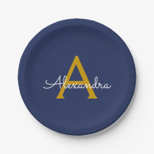 Plato De Papel Navy Blue Gold Girly Script Monograma moderno