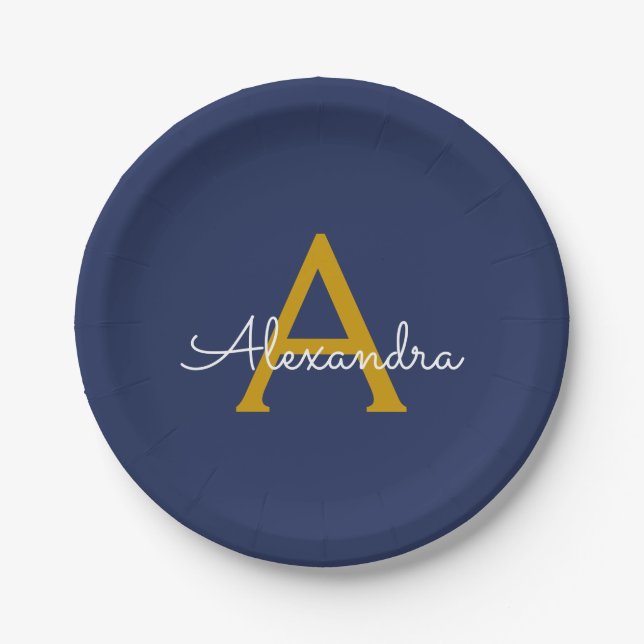 Plato De Papel Navy Blue Gold Girly Script Monograma moderno (Anverso)