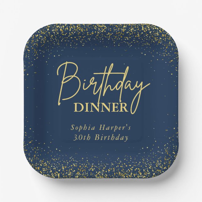 Plato De Papel Navy Blue Gold Glitter Confetti Birthday Dinner (Anverso)