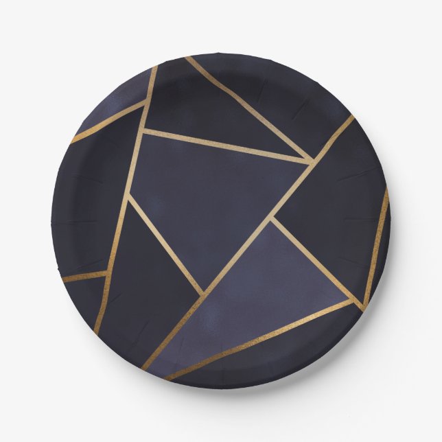 Plato De Papel Navy Blue Gold Triángulos Geométrico Elegante Clás (Anverso)