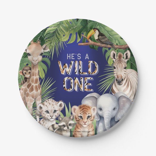 Plato De Papel Navy BLue Jungle Animals tiene un refrigerio salva (Anverso)