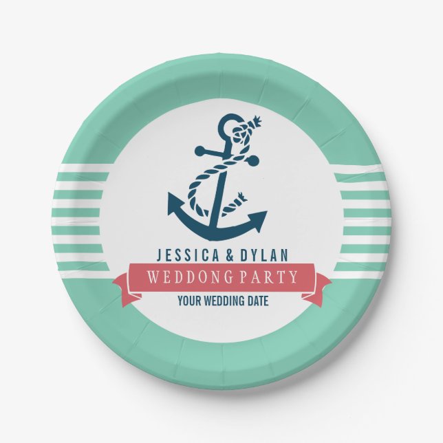 Plato De Papel Navy Blue Nautical Bote Anchor franjas blancas (Anverso)