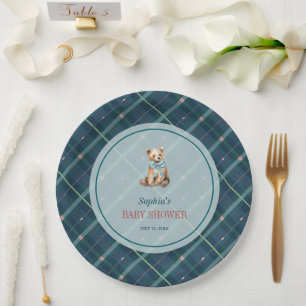 Plato De Papel Navy Blue Plaid Teddy Bear Boy Baby Shower