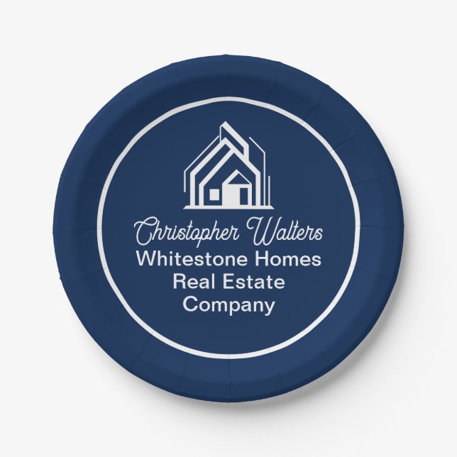Plato De Papel Navy Blue Real Estate Company Custom Realtor Party (Anverso)