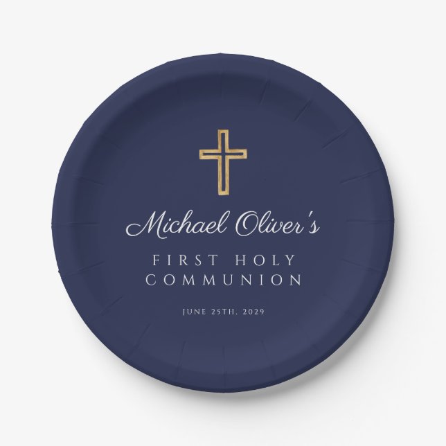 Plato De Papel Navy Blue Religious Cross Boy First Communion (Anverso)
