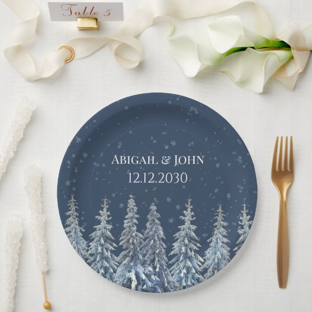 Plato De Papel Navy Blue Rustic Winter Forest Wedding (Boda)