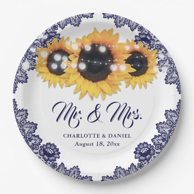 Plato De Papel Navy Blue Sunflower Floral Lace Wedding (Anverso)