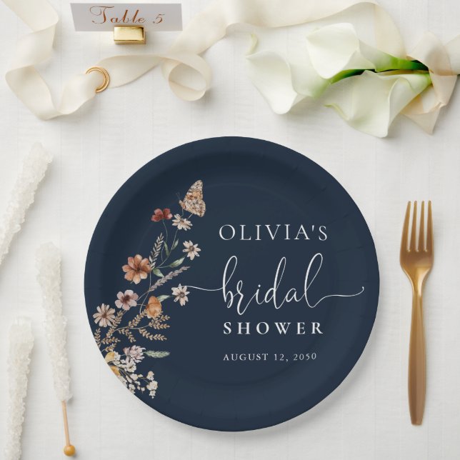 Plato De Papel Navy Blue Tiny Wildflower Despedida de Soltera  (Boda)